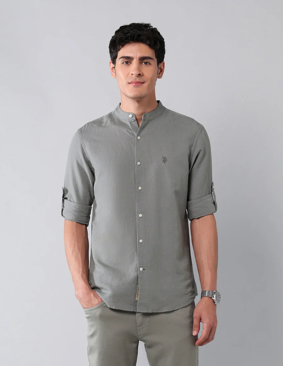 Pure Cotton Dark Grey Solid Denim Co Full Sleeve Shirt