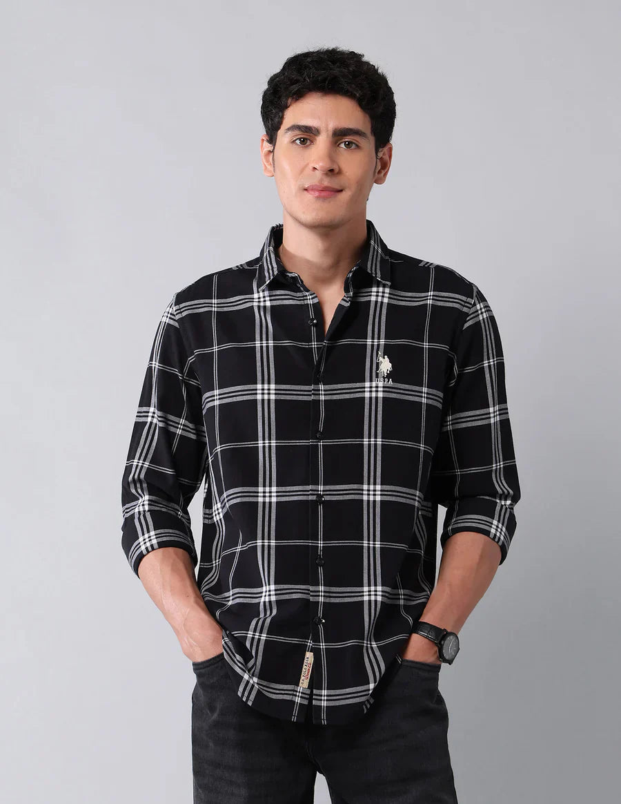 Black Cotton Linen Checks Casual Shirt