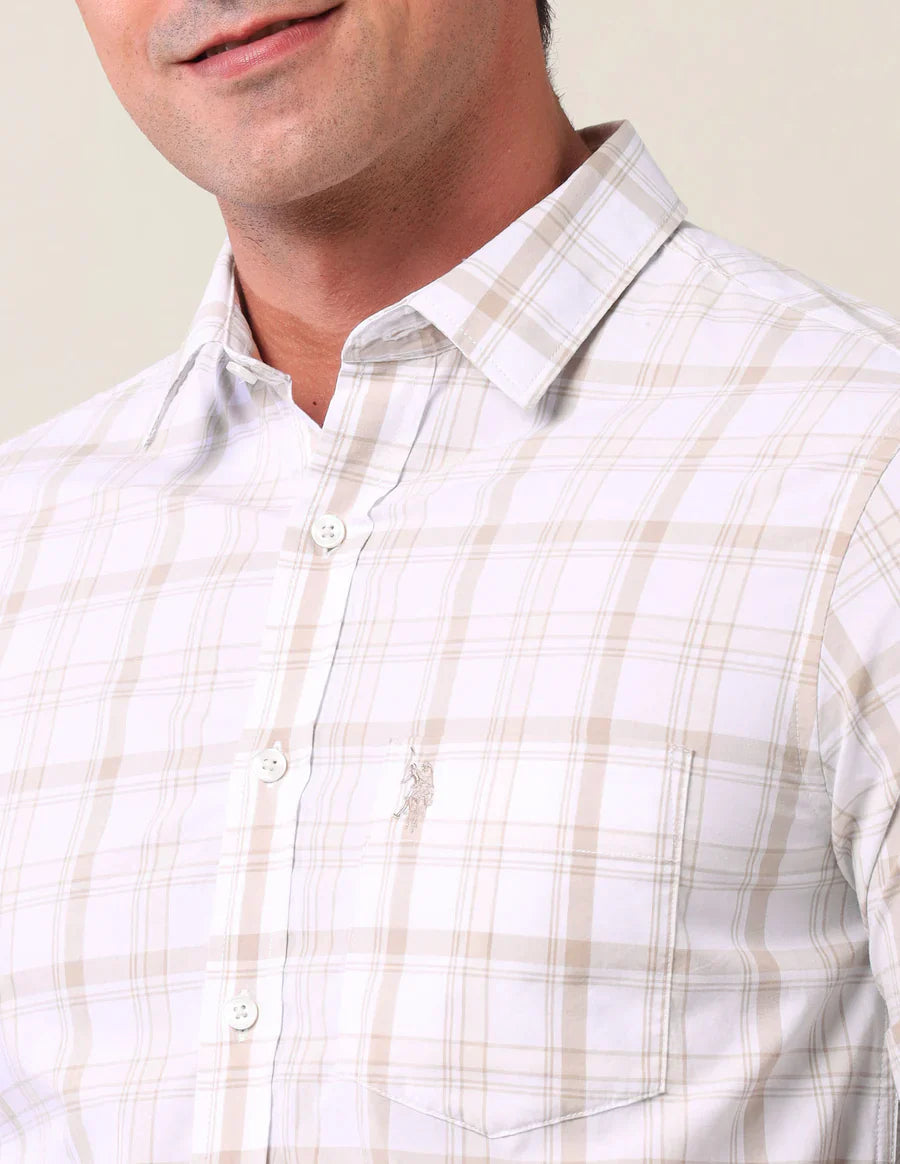 Light Beige Checks Cotton Tailored Fit Shirt