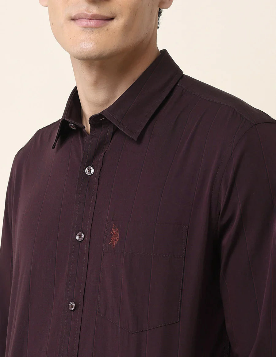 Wine Coloured Stripes Cotton Tailored Fit Casual Shirt