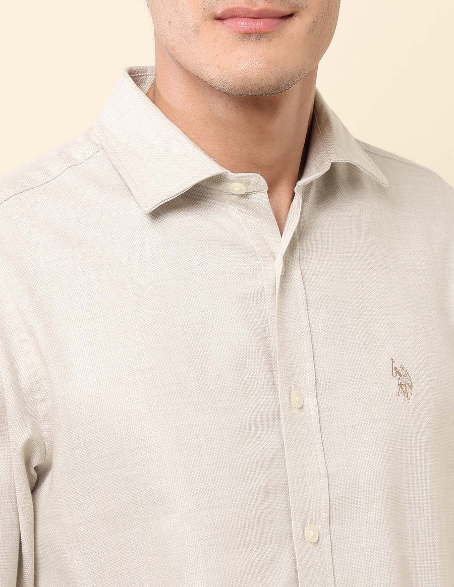 Ecru Color Textured Lenin Cotton Tailored Fit Men&