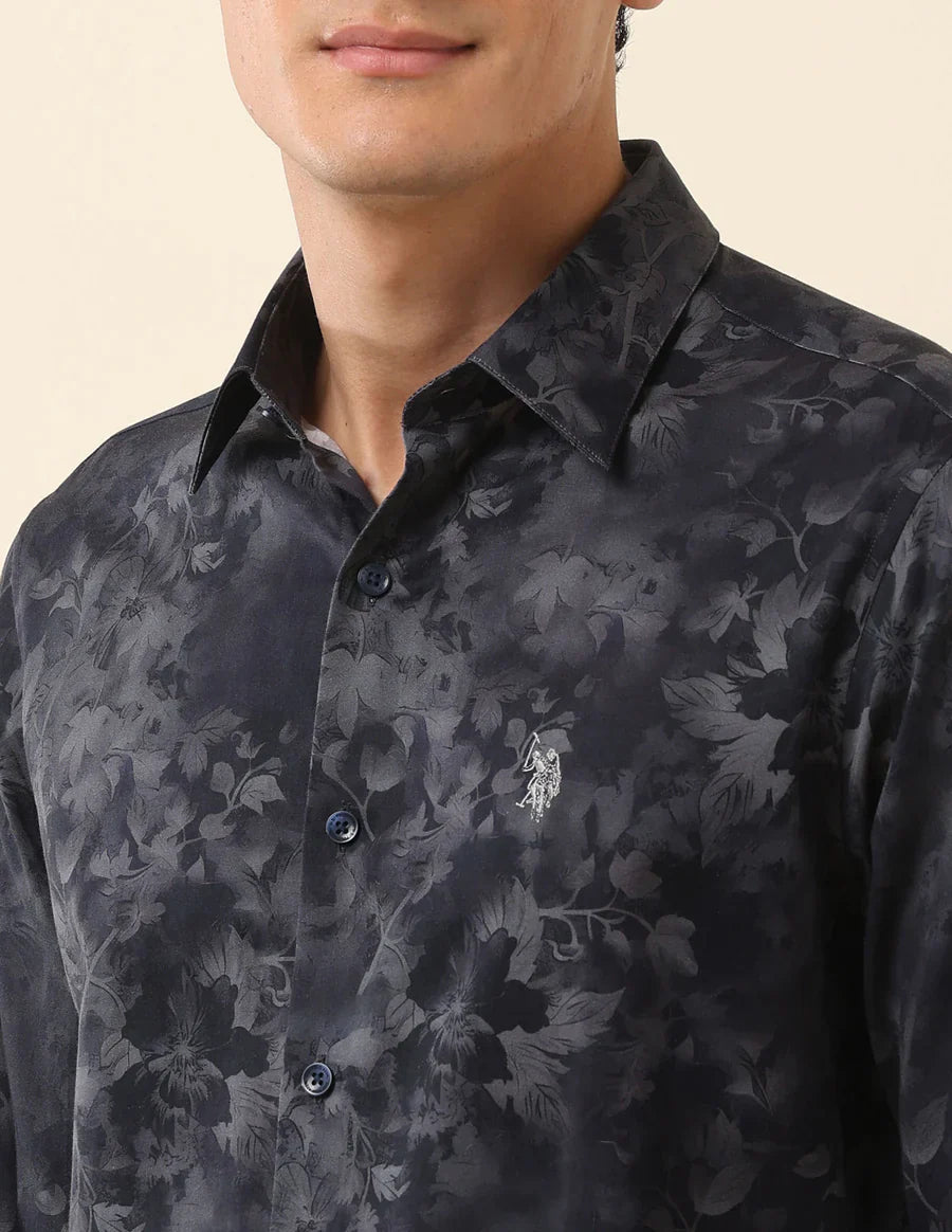 Floral Digital Print Navy Blue Cotton-Satin Party Wear Shirt