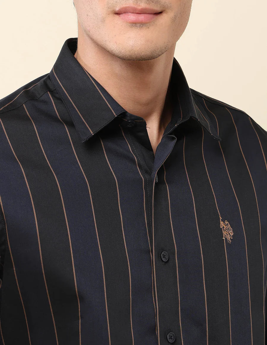 Navy Blue Striped Cotton-Satin Trendy Shirt