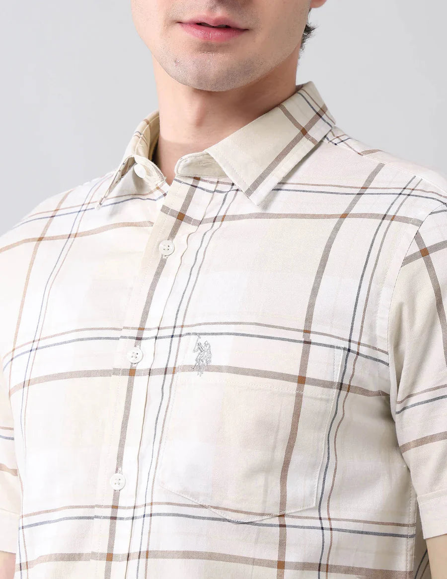 Ecru Checkered Cotton Tailored Fit Classic Shirt