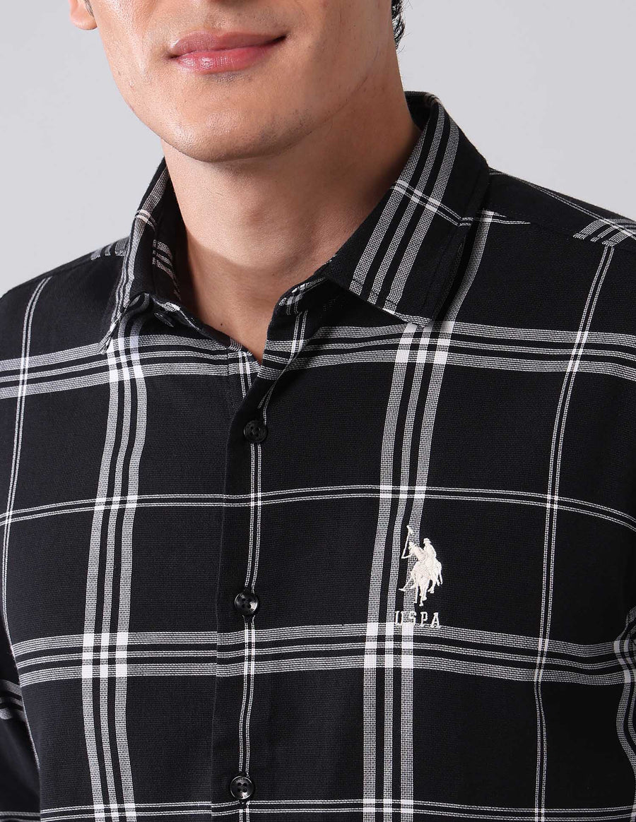 Black Cotton Linen Checks Casual Shirt