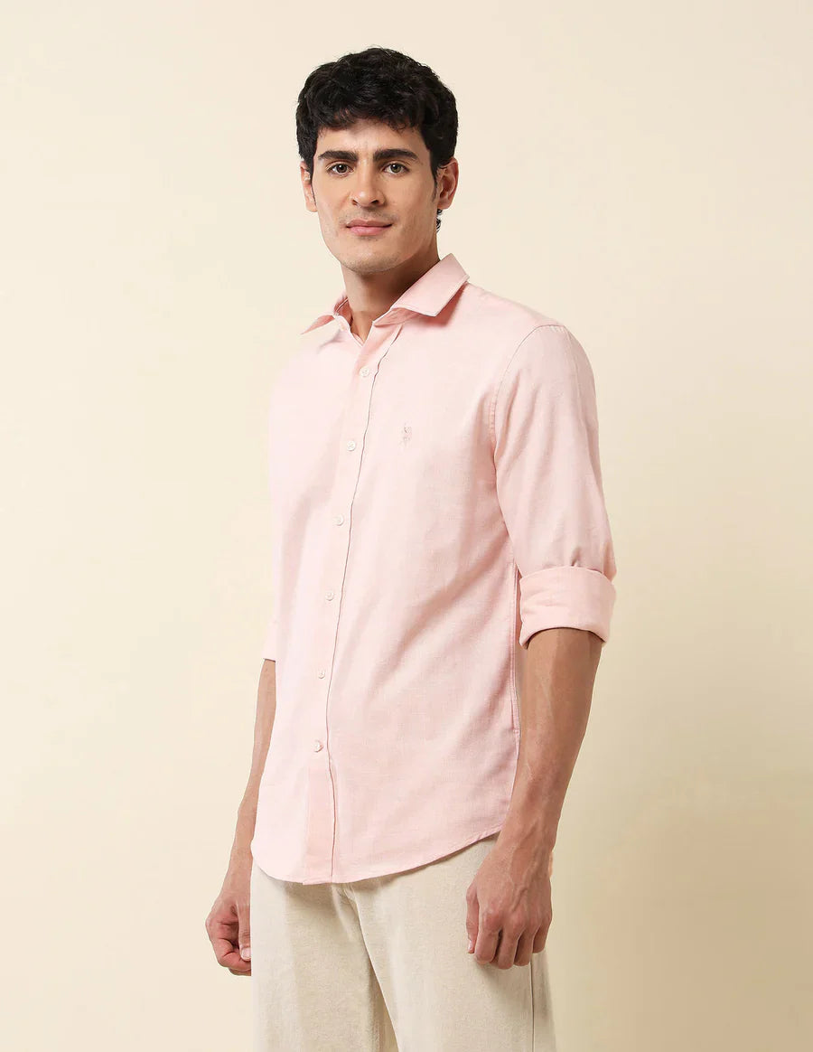Pink Textured Lenin Cotton Tailored Fit Shirt
