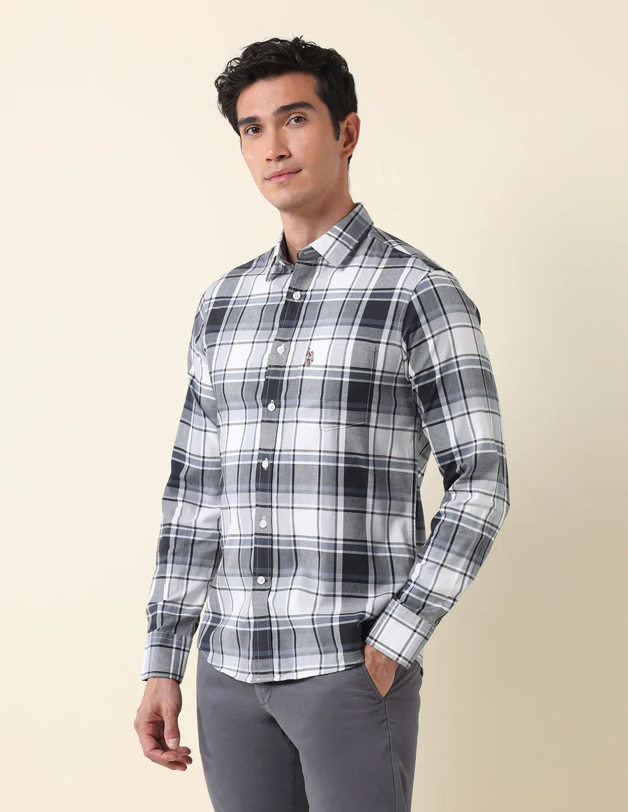 Tailored Fit Grey Checked Cotton Men&