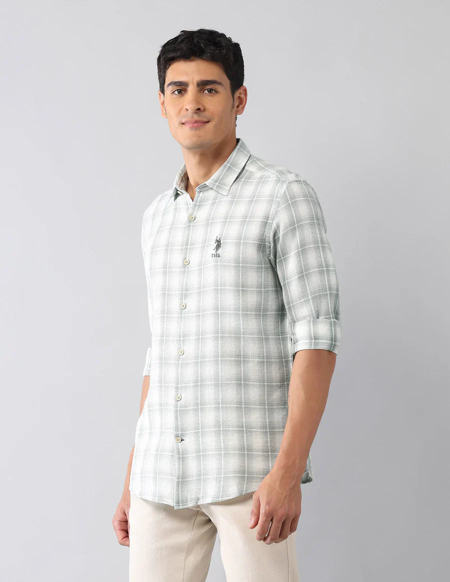 Light Green Tartan Checked Classic Slim Fit Cotton-Jute Shirt