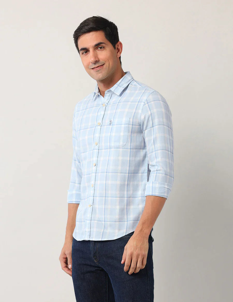 Tartan Checks Light Blue Denim Co Cotton Blend Shirt