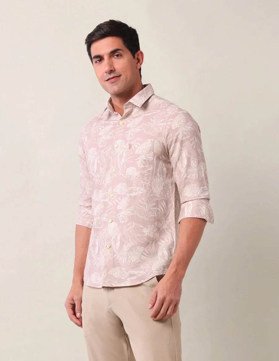 Light Peach Floral Printed Linen Cotton Blend Shirt