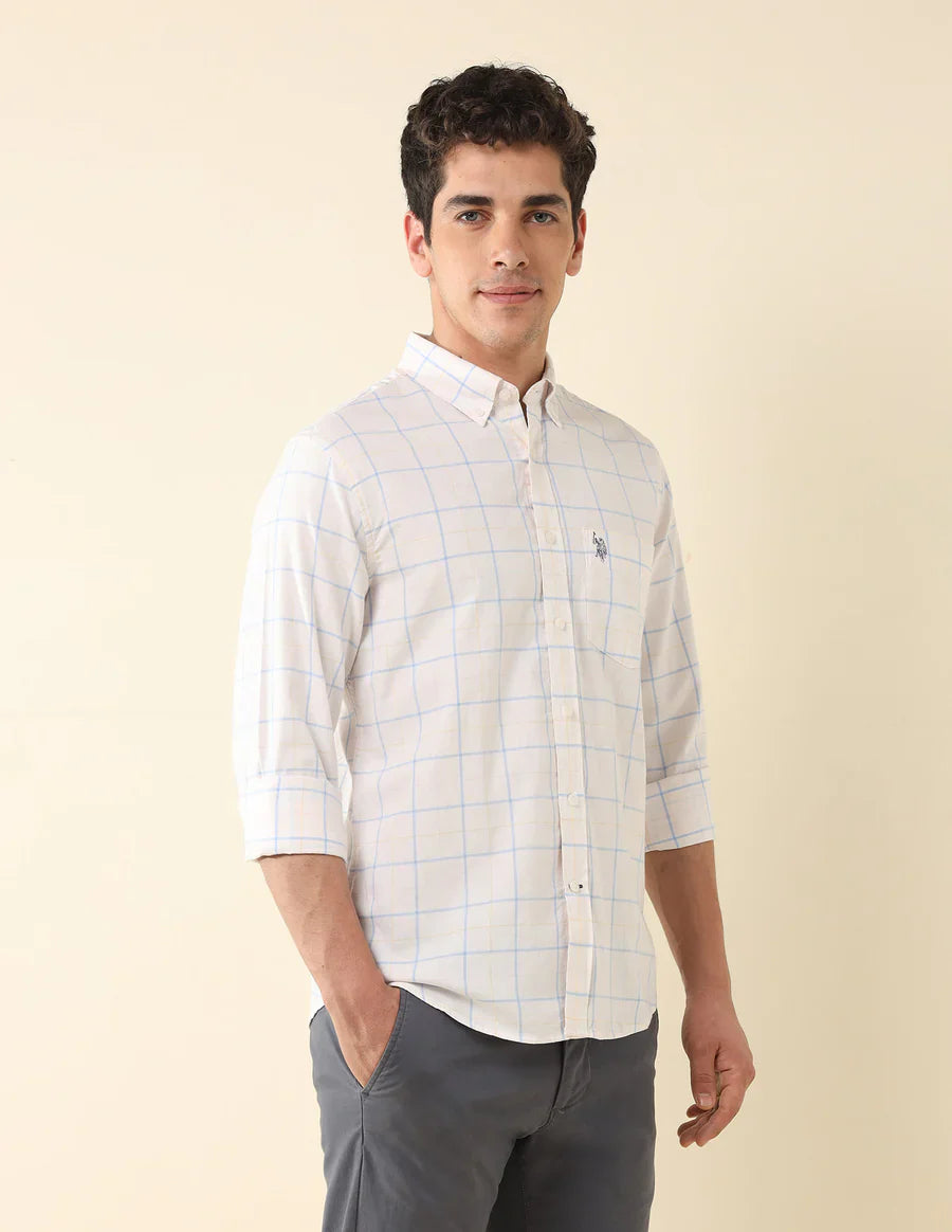 Checkered Ecru Coloured Cotton Full Sleeve Men&