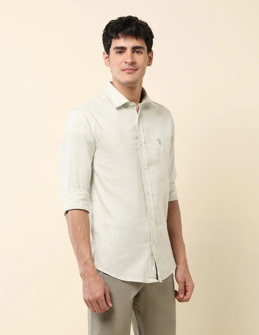 Light Green Solid Linen Cotton Full Sleeve Tailored Fit Shirt