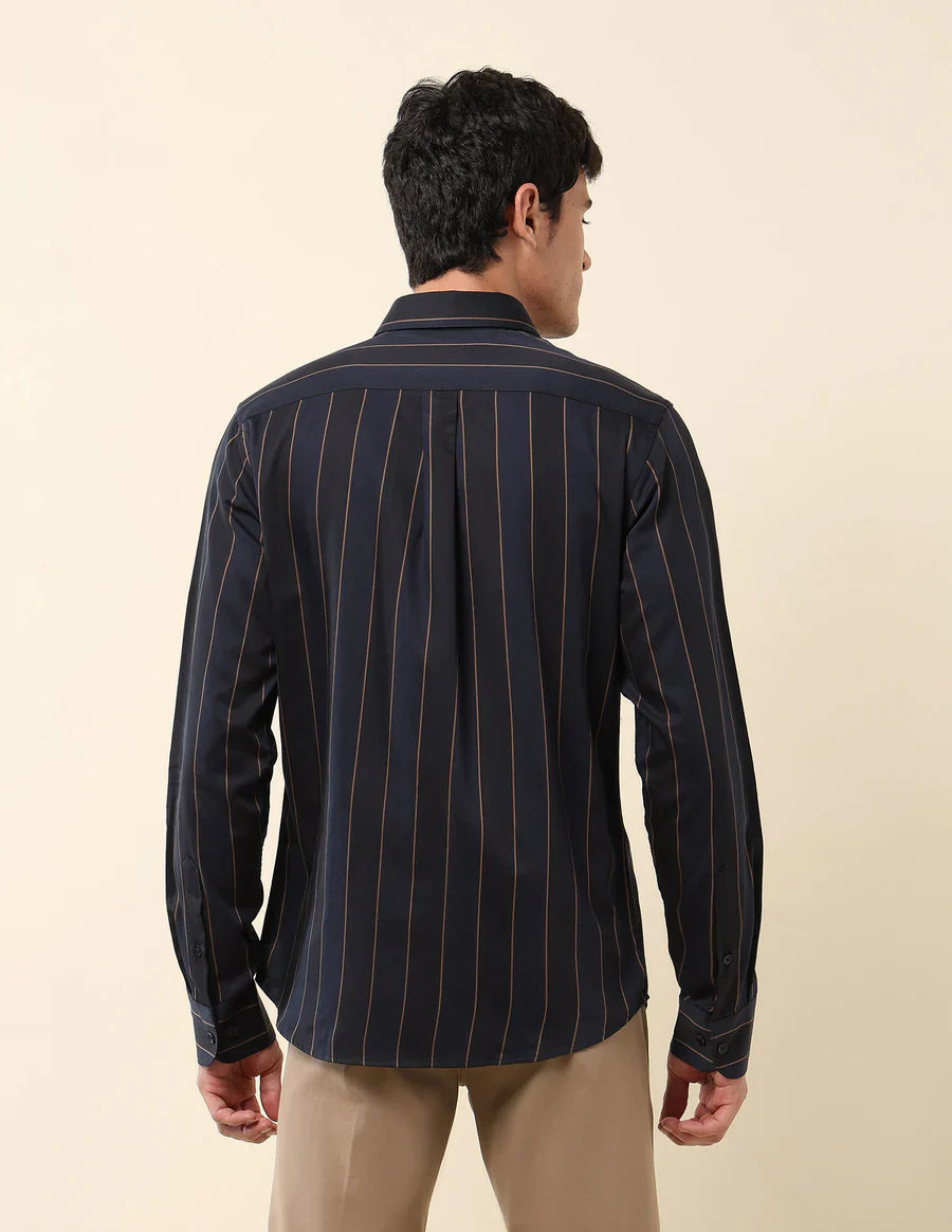 Navy Blue Striped Cotton-Satin Trendy Shirt