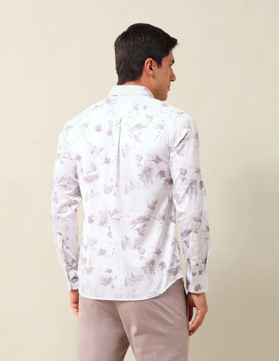 Off White Tailored Fit Floral Print Mercerized Cotton Shirt