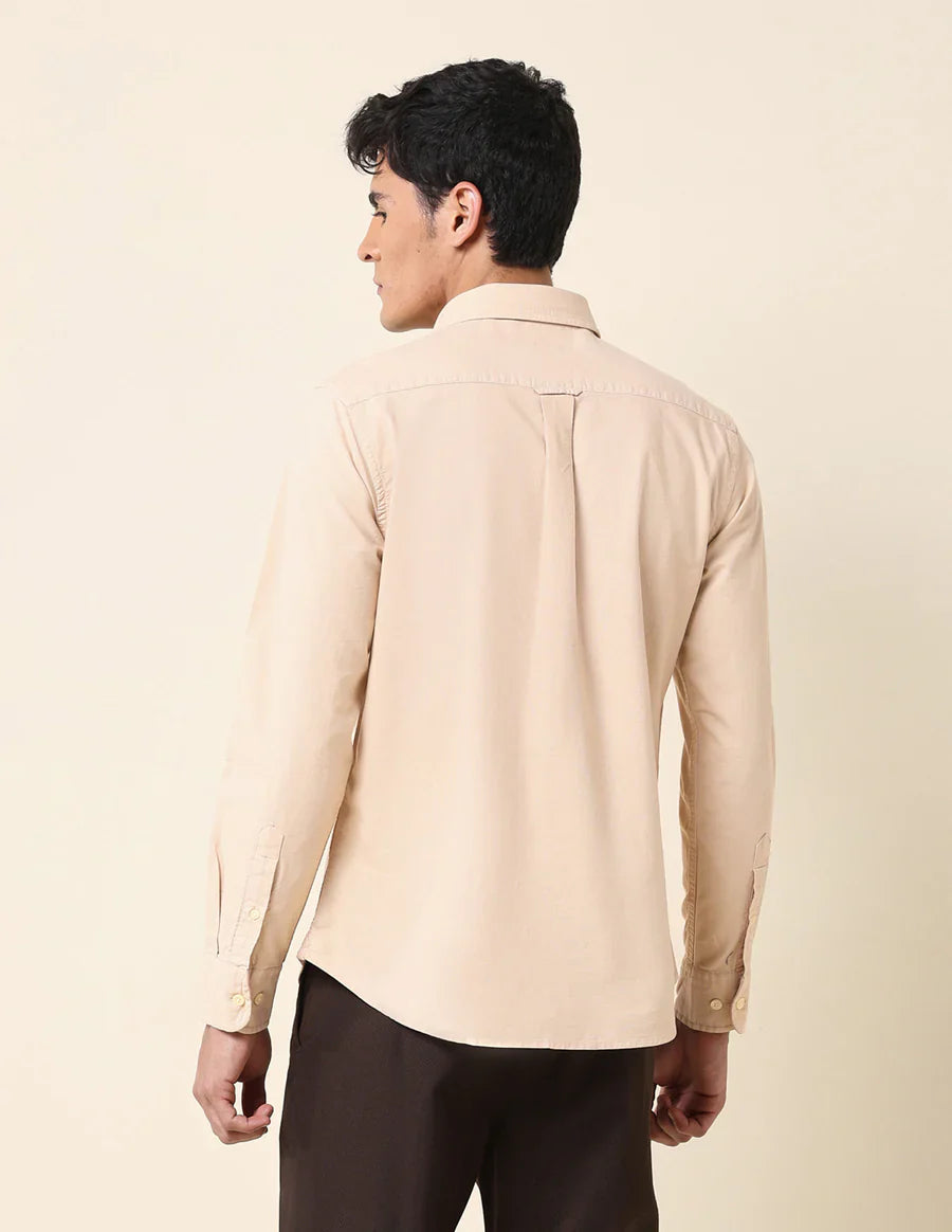 Beige Plain Tailored Fit Cotton Casual Shirt