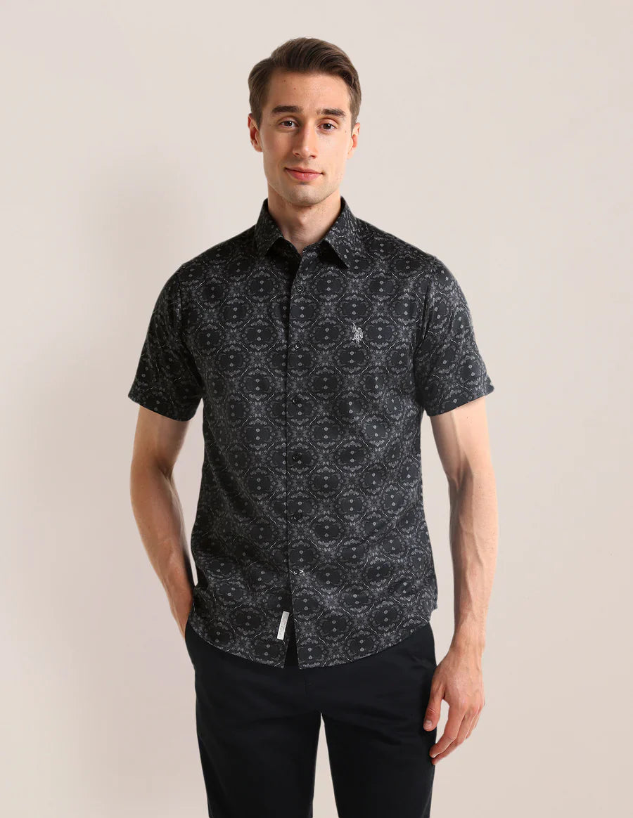 Black Floral Printed Tailored Fit Cotton Satin Shirt