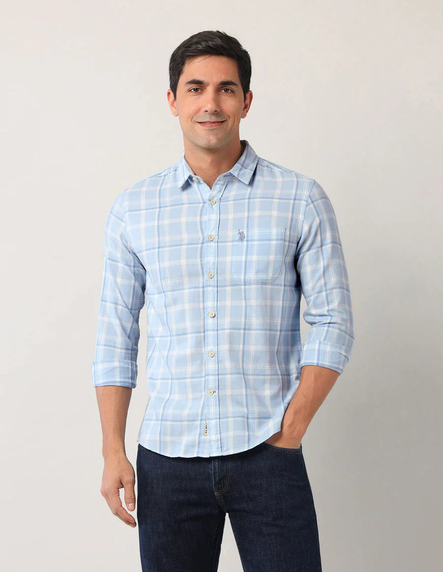 Tartan Checks Light Blue Denim Co Cotton Blend Shirt