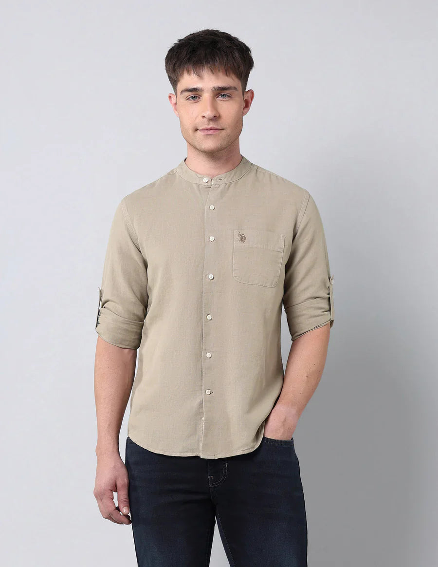 Khaki Colour Pure Cotton Solid Denim Co Full Sleeve Shirt