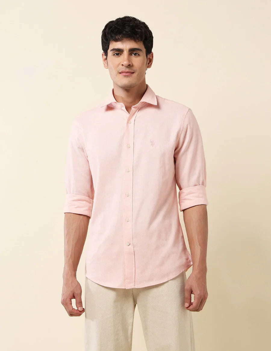 Pink Textured Lenin Cotton Tailored Fit Shirt