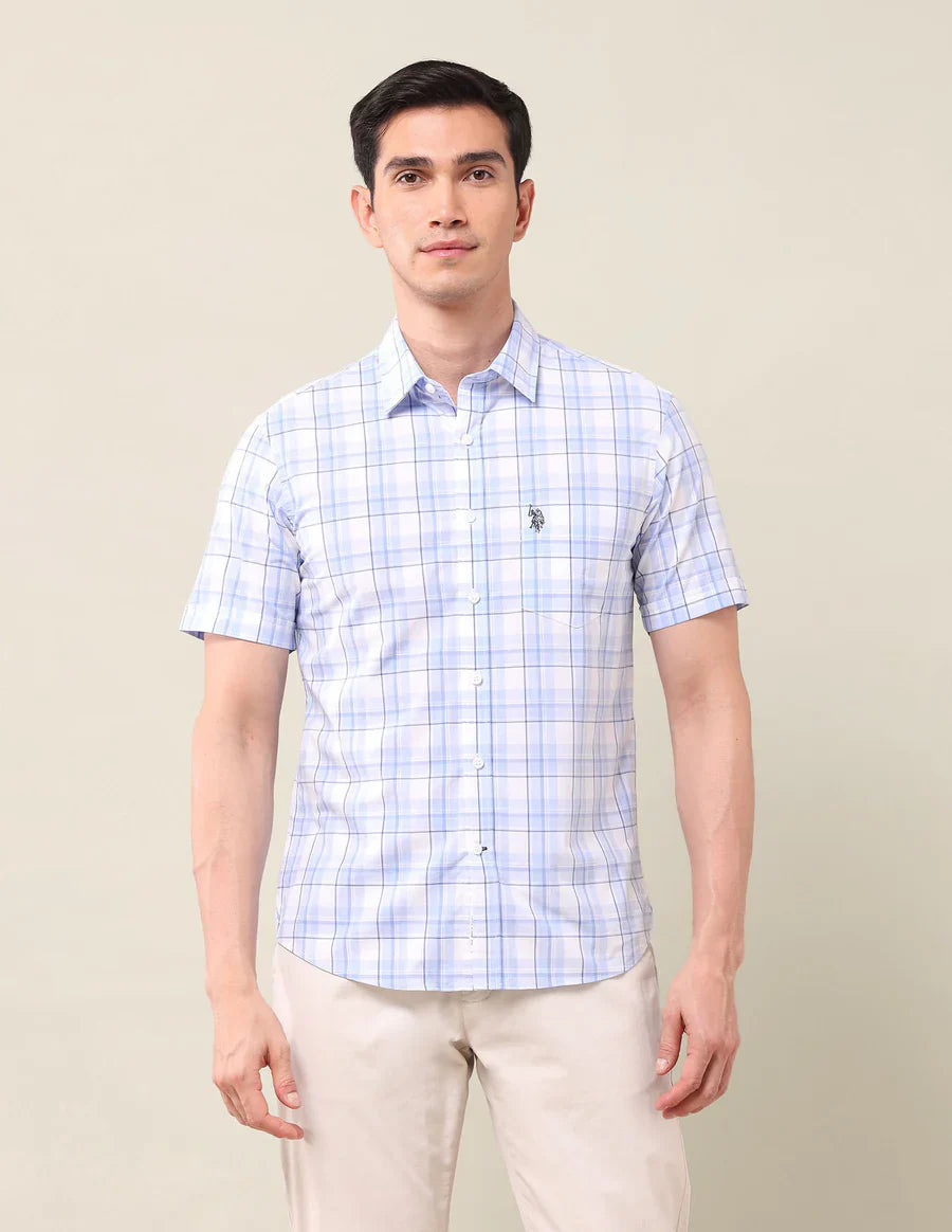 Light Blue Checkered Cotton Tailored Fit Shirt