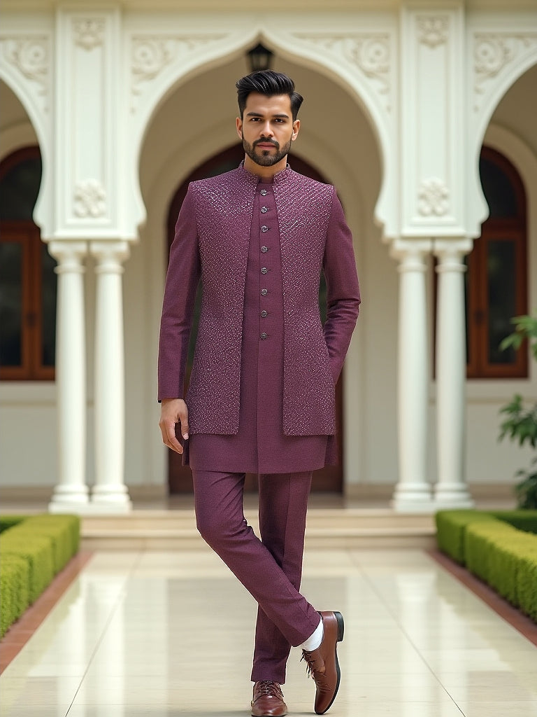 Maroon Self Patterned Sequinned Layered Raw Silk Indo Open Style