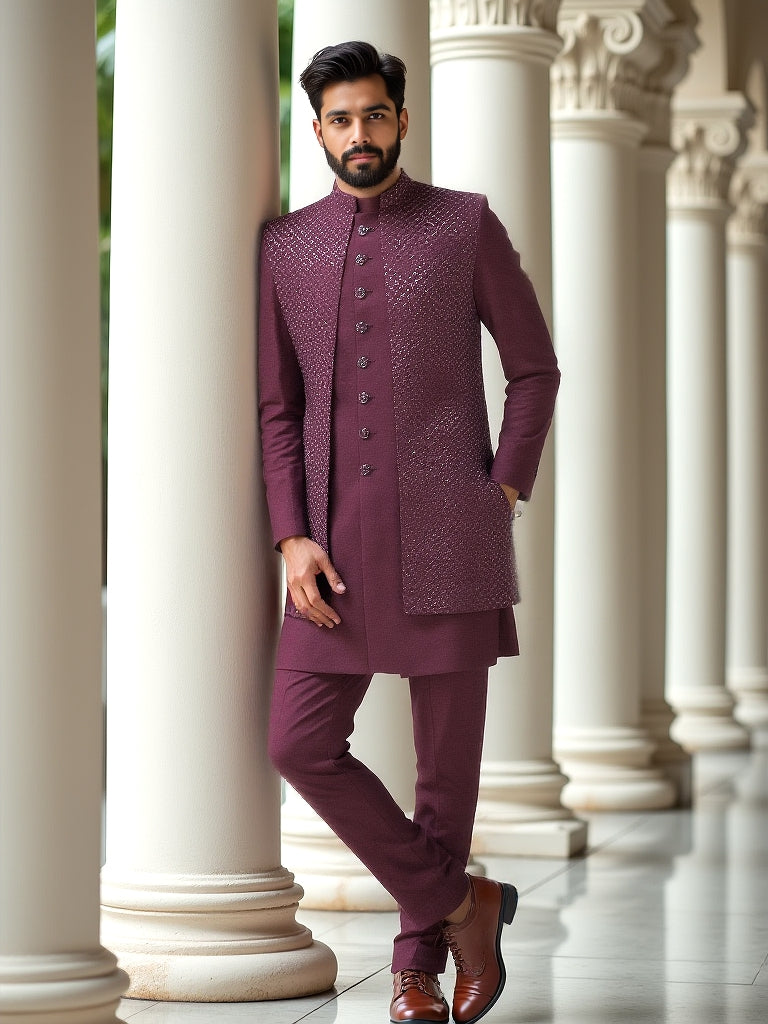 Maroon Self Patterned Sequinned Layered Raw Silk Indo Open Style