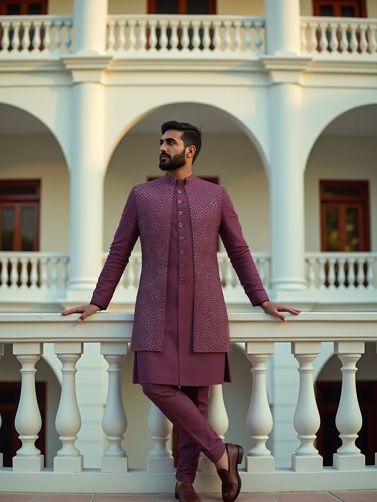 Maroon Self Patterned Sequinned Layered Raw Silk Indo Open Style