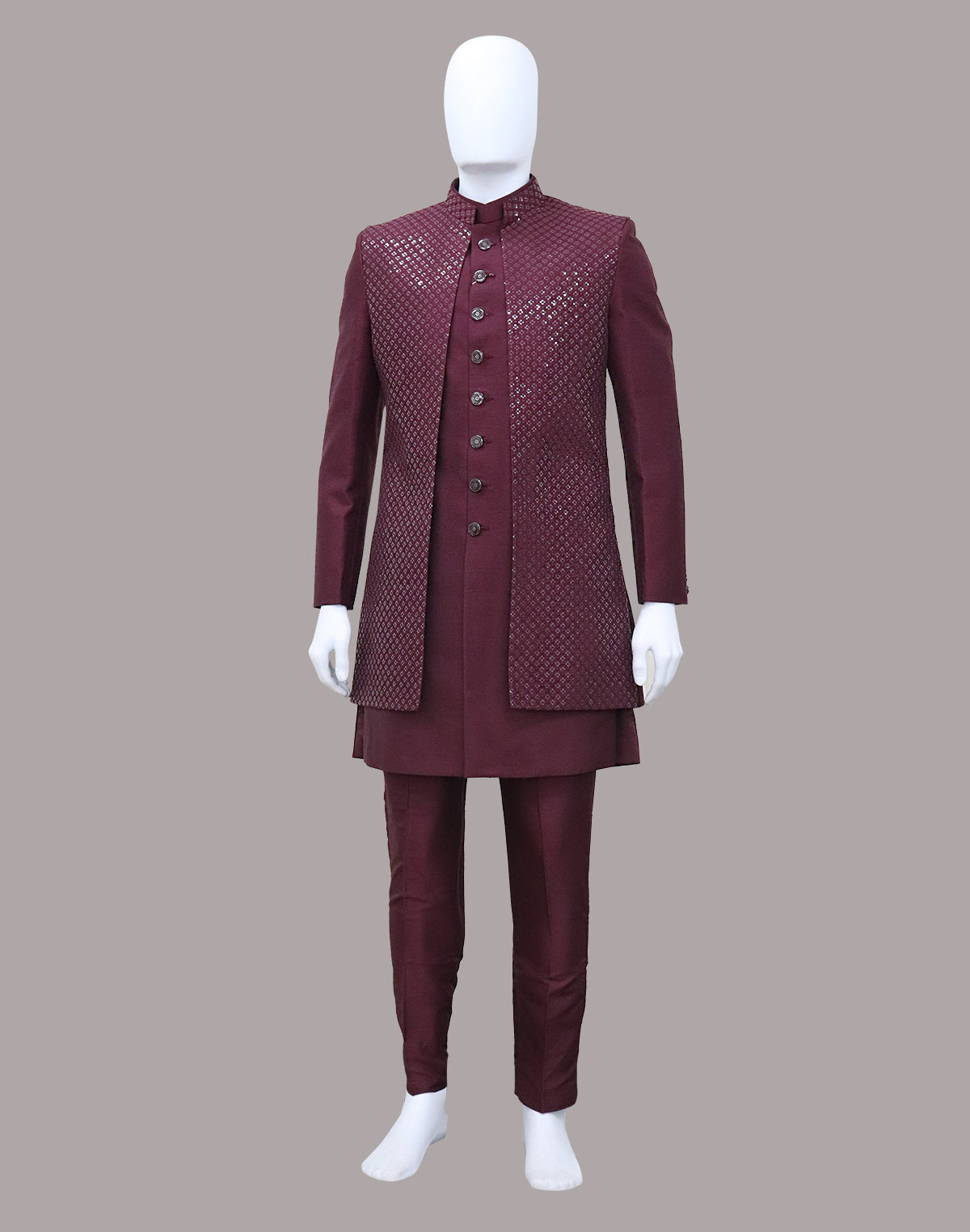 Maroon Self Patterned Sequinned Layered Raw Silk Indo Open Style