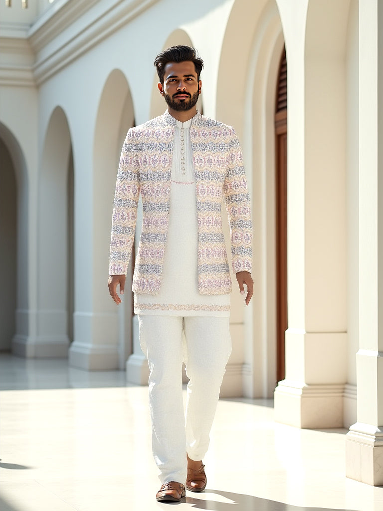 Warm White Elegance Thread Embroidery Georgette Floral Design Indo-Open Jacket