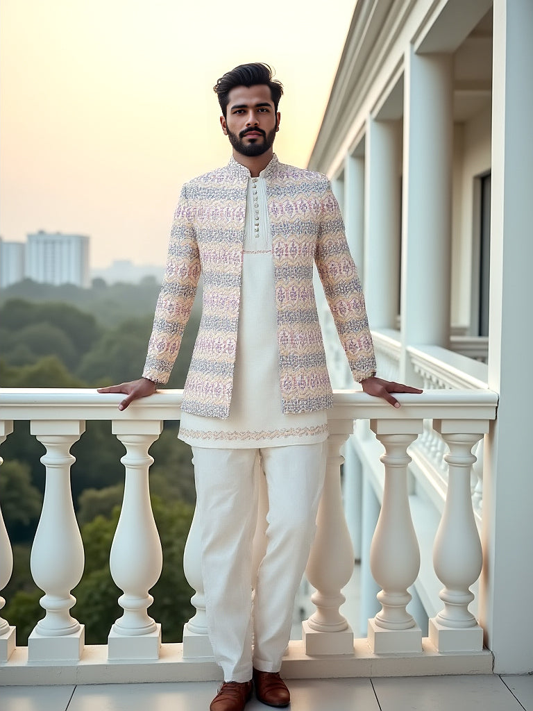 Warm White Elegance Thread Embroidery Georgette Floral Design Indo-Open Jacket