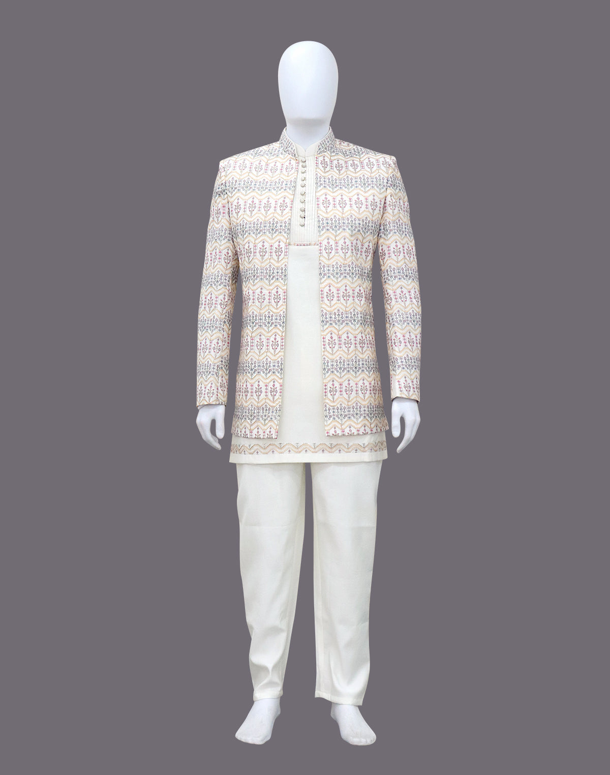 Warm White Elegance Thread Embroidery Georgette Floral Design Indo-Open Jacket