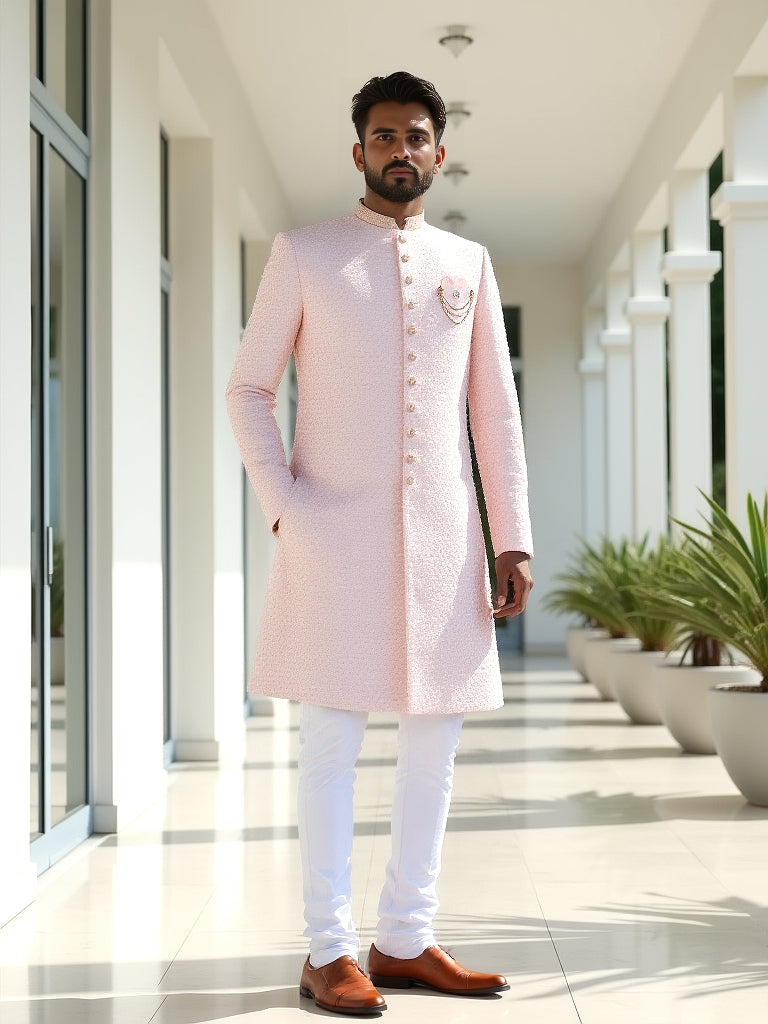 Self Jacquard Design with Embellished Peach Coloured Indo-Western Set