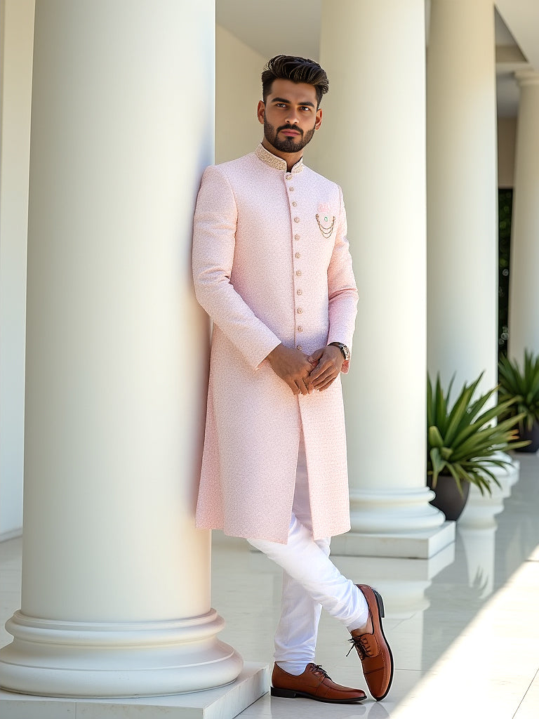 Self Jacquard Design with Embellished Peach Coloured Indo-Western Set