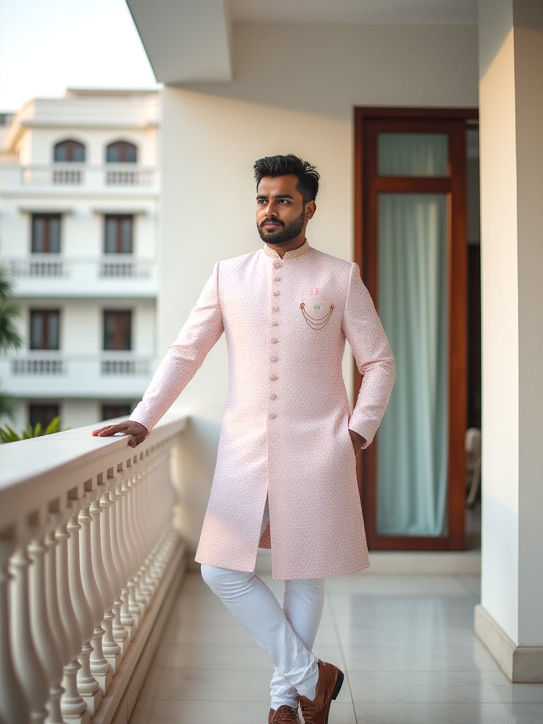 Self Jacquard Design with Embellished Peach Coloured Indo-Western Set