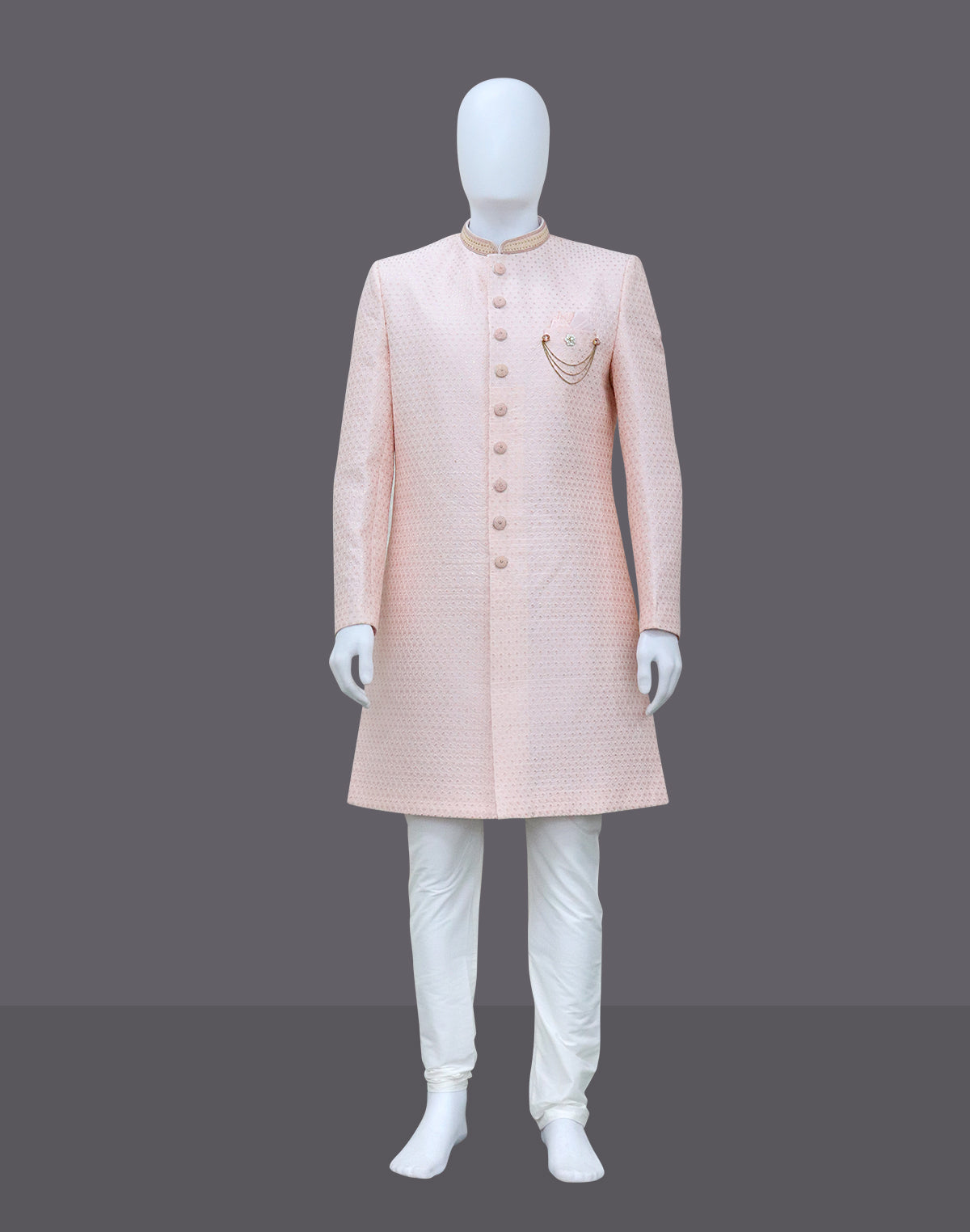 Self Jacquard Design with Embellished Peach Coloured Indo-Western Set