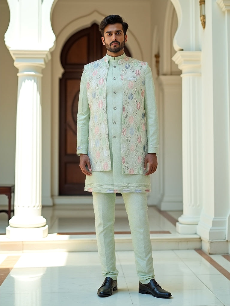 Playful Sea Green Thread and Embellished work Milky Silk Indo-Open Jacket