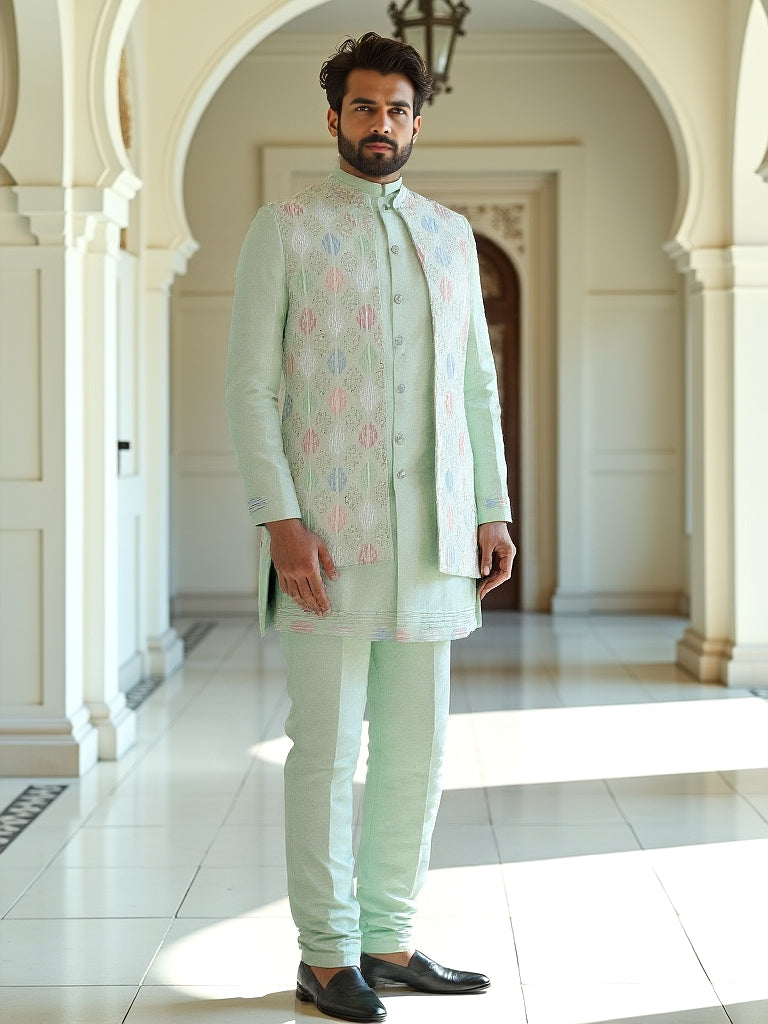 Playful Sea Green Thread and Embellished work Milky Silk Indo-Open Jacket