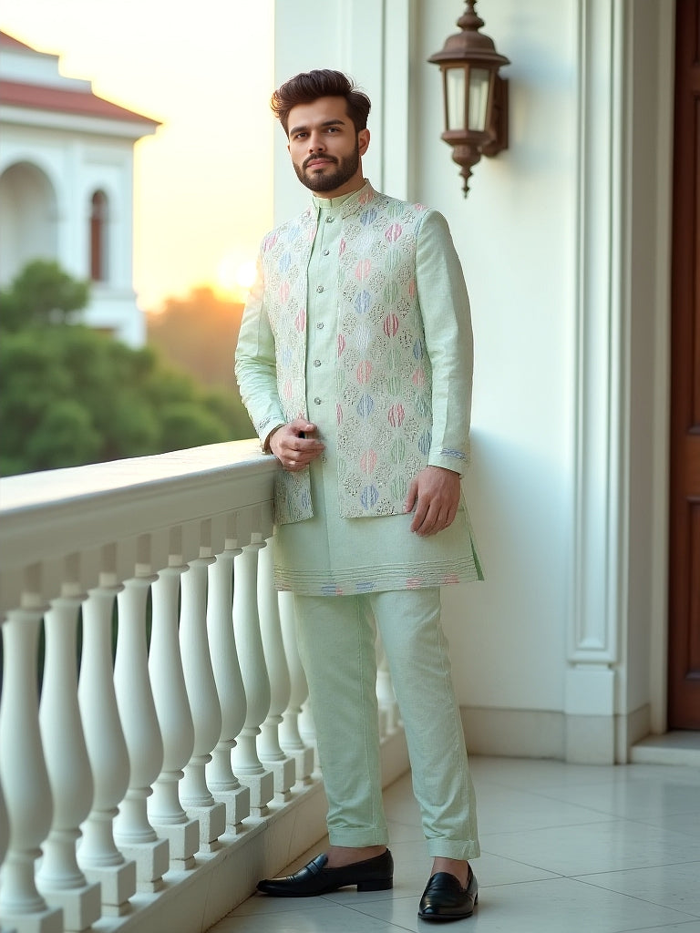 Playful Sea Green Thread and Embellished work Milky Silk Indo-Open Jacket