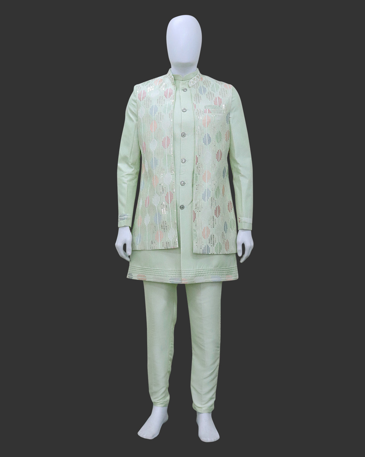 Playful Sea Green Thread and Embellished work Milky Silk Indo-Open Jacket