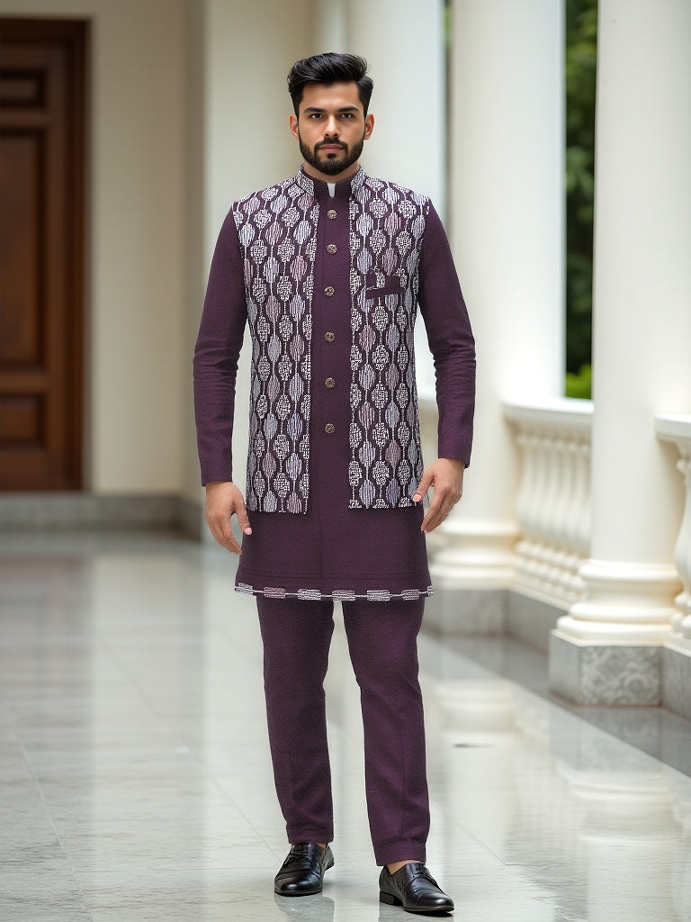 Mauve Wine Imperial Patterned Thread work Milky Silk Indo Open Style