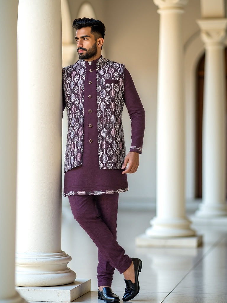 Mauve Wine Imperial Patterned Thread work Milky Silk Indo Open Style