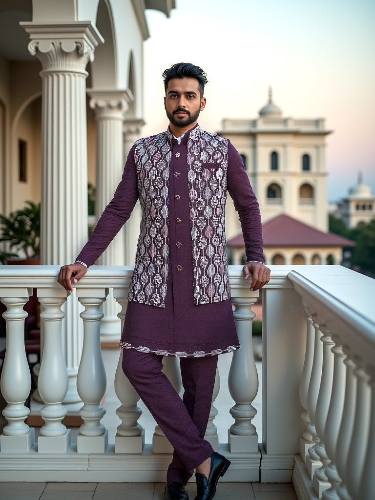 Mauve Wine Imperial Patterned Thread work Milky Silk Indo Open Style