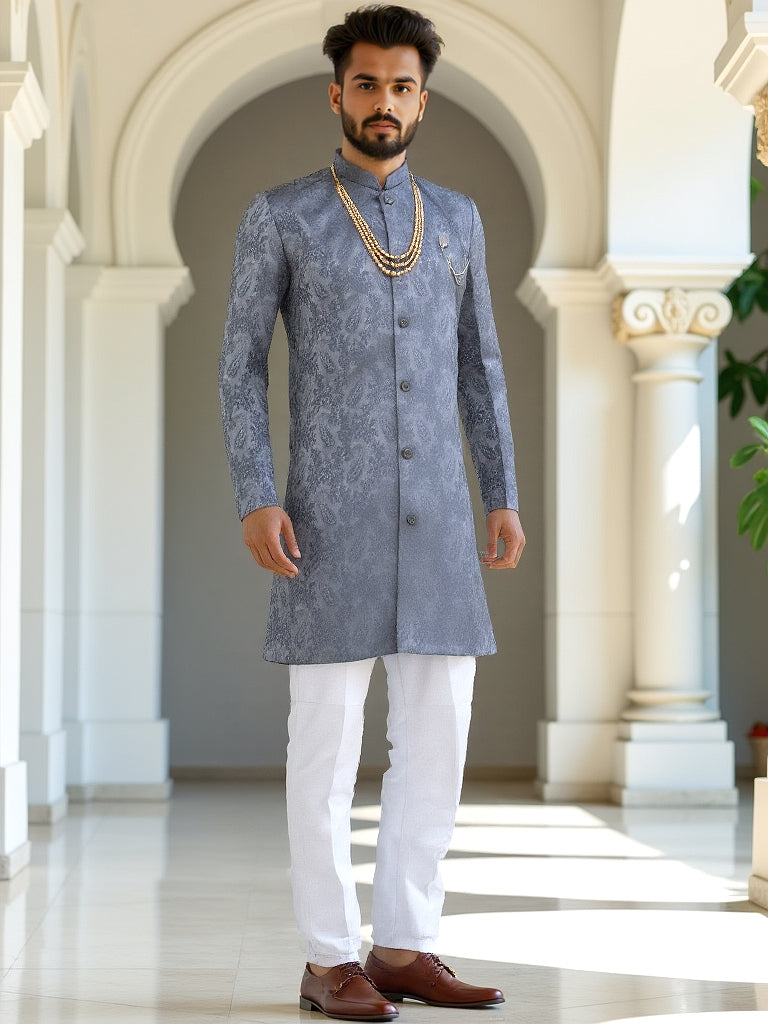 Sky Imperial Floral Patterned Jacquard Semi-Indo Style