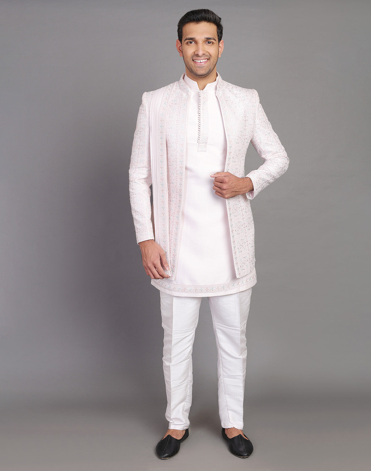 Floral Design Embroidery Work Pink Raw Silk Indo Open Jacket With Dupatta