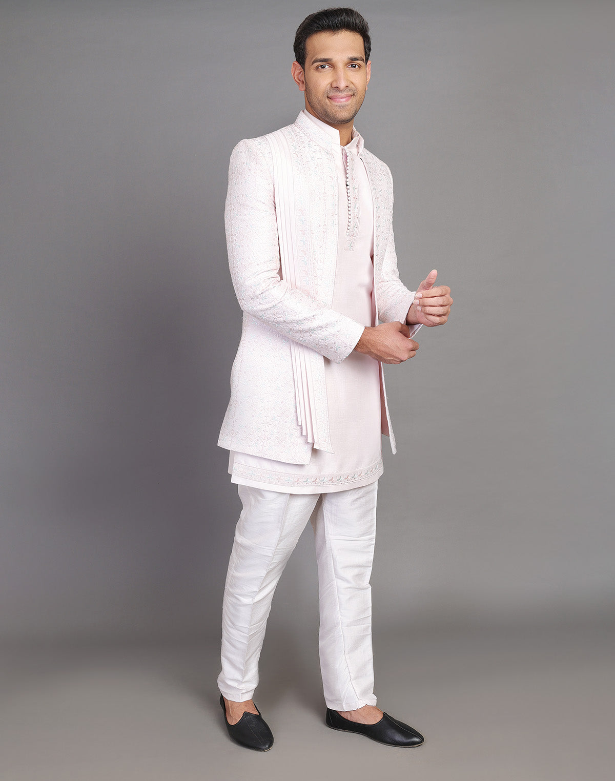 Floral Design Embroidery Work Pink Raw Silk Indo Open Jacket With Dupatta