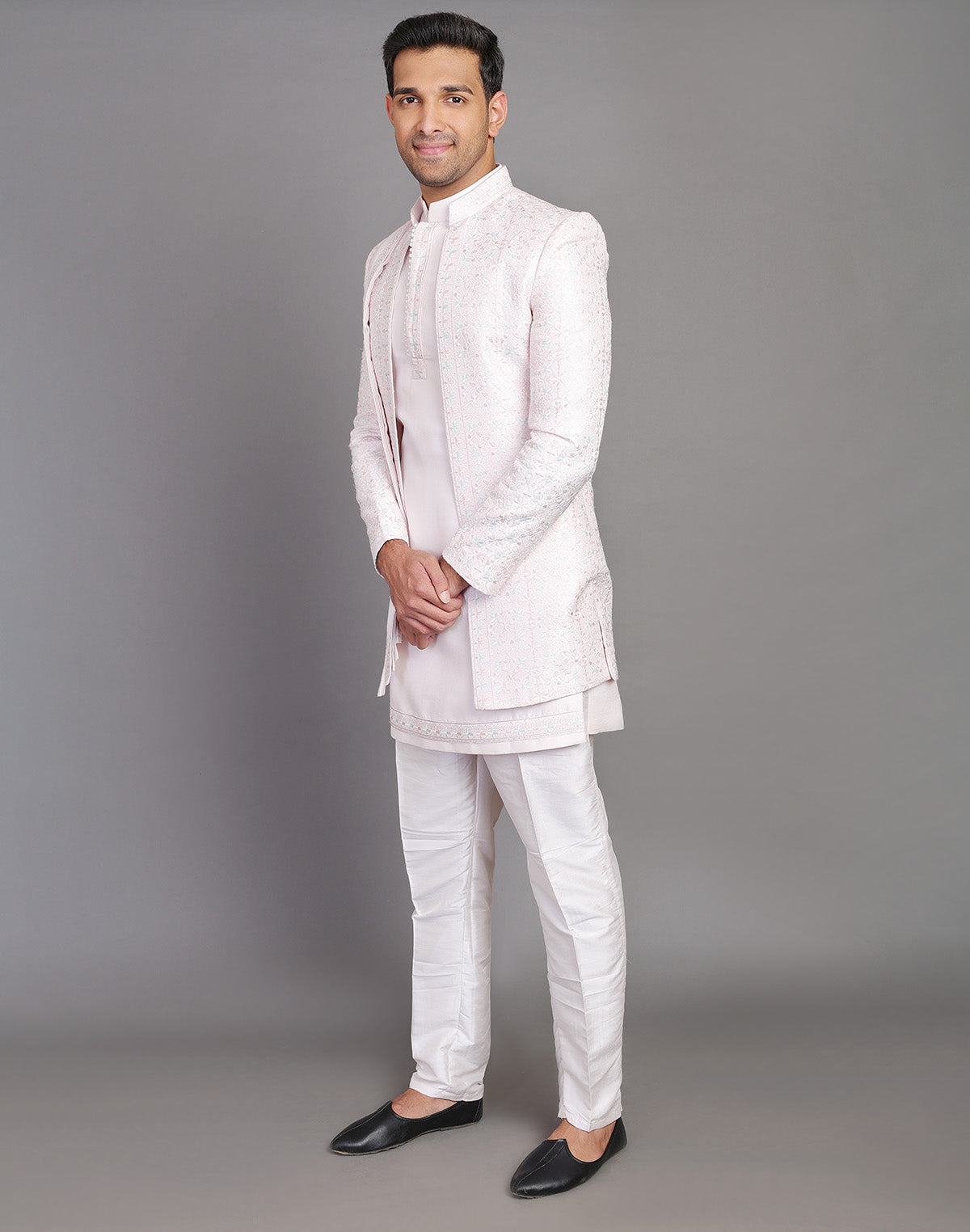 Floral Design Embroidery Work Pink Raw Silk Indo Open Jacket With Dupatta