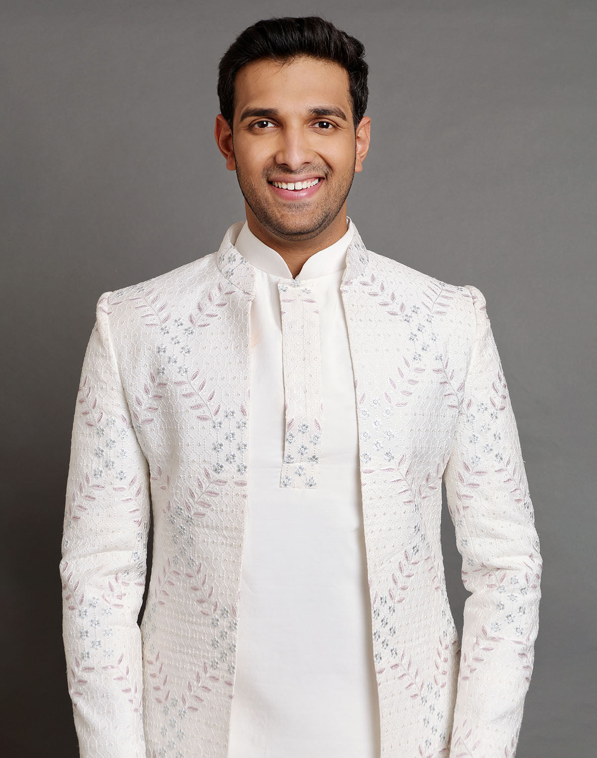 Cream Raw Silk Floral Embroidery Work Indo-open Jacket Style