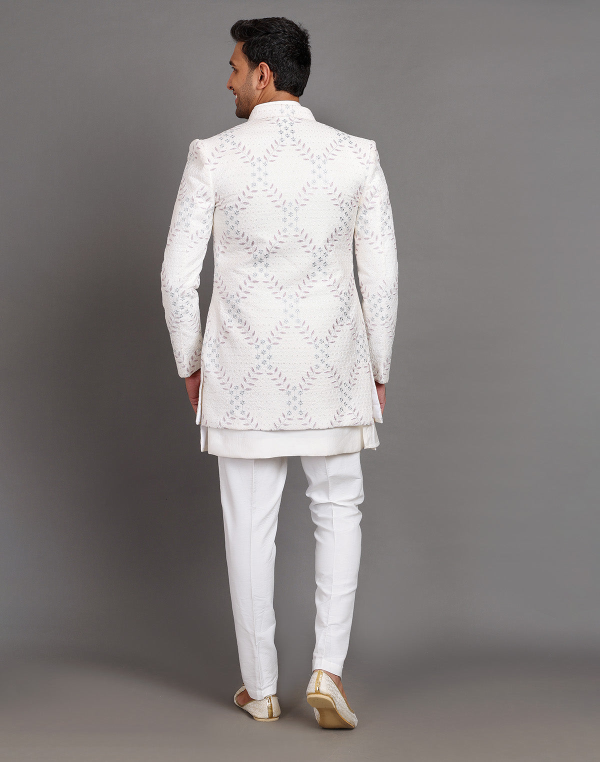 Cream Raw Silk Floral Embroidery Work Indo-open Jacket Style