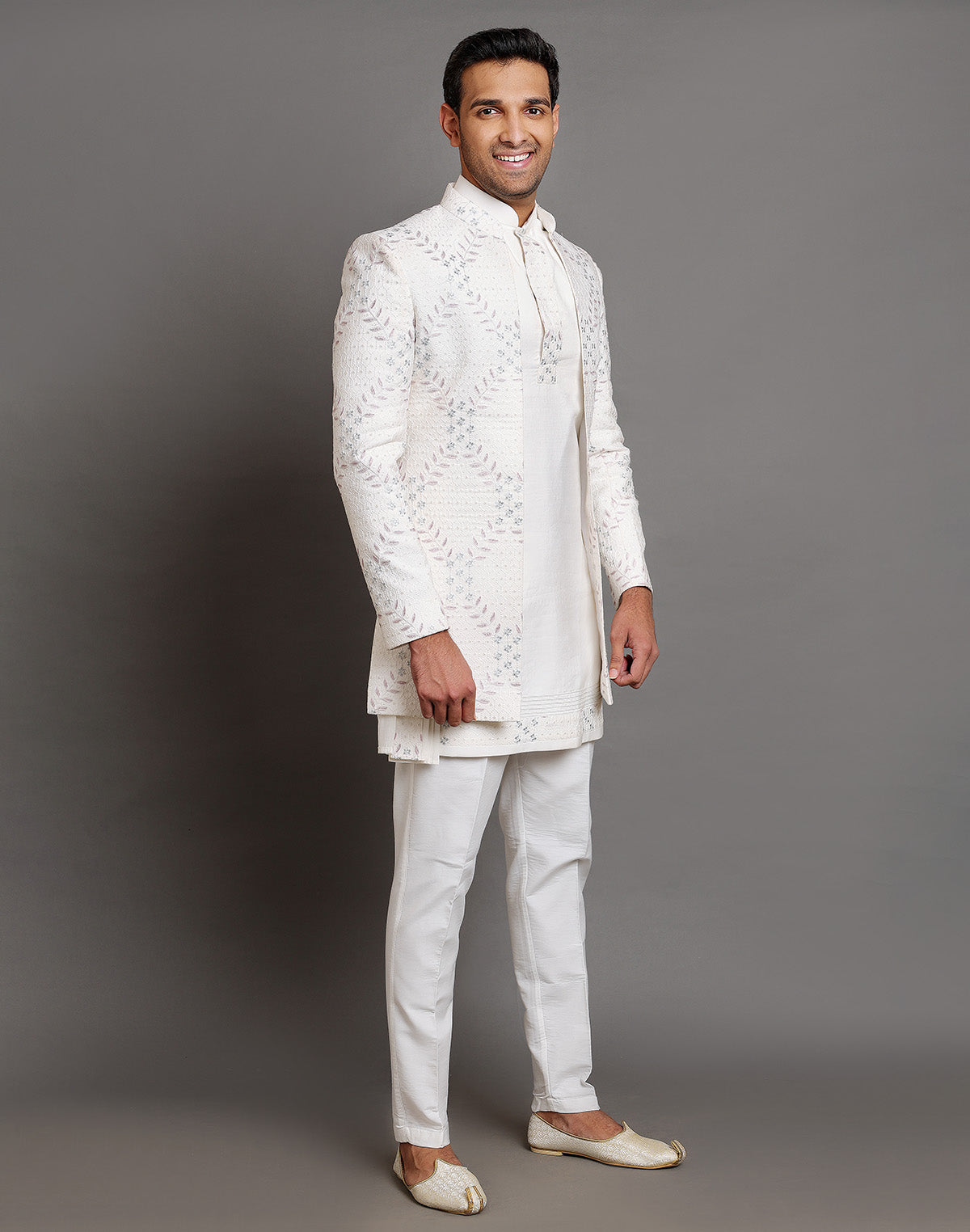 Cream Raw Silk Floral Embroidery Work Indo-open Jacket Style