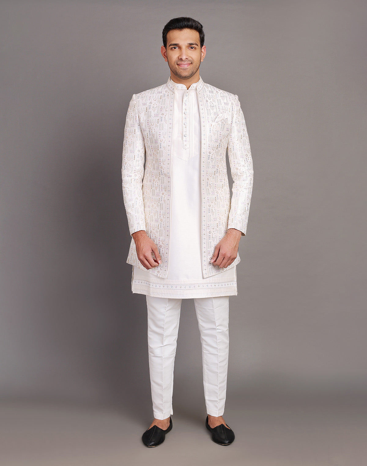 Raw Silk Thread Embroidery With Sequence Work Cream Coloured Indo Open Jacket Set